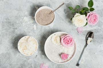 Chia Seeds Pudding With Coconut. Rose Flowers.