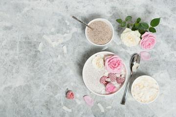 Chia Seeds Pudding With Coconut. Rose Flowers. Raspberry.