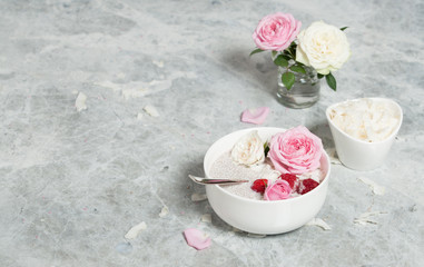 Chia Seeds Pudding With Coconut. Rose Flowers. Raspberry.