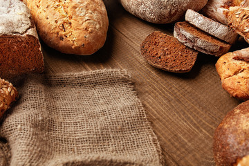 Bread Variety Still Life. Bakery Food On Wooden Table