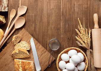 Baking Bread. Close Up Of Baking Ingredients On Wood Table
