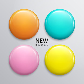 Blank glossy badges, pin or web button. Four pastel colors, yellow, orange, turquoise and purple. Vector.
