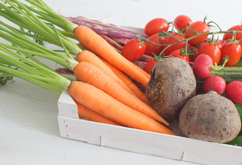 Fresh organic carrot Wooden box Wooden background Clean eating Harvesting concept Local market Country style Copy space