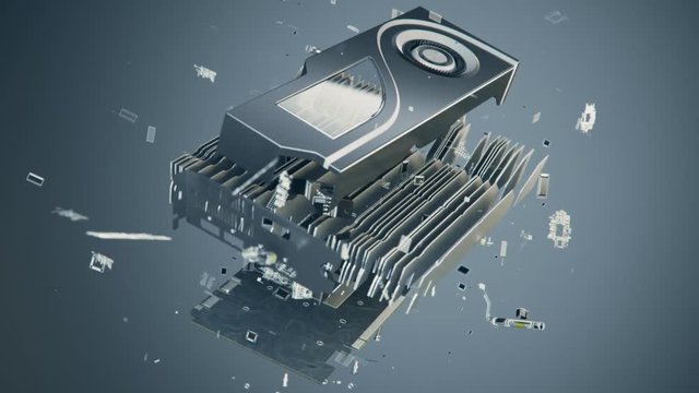 Disassembly of a graphic card. Explosion of GPU to floating pieces. Hardware 4k.