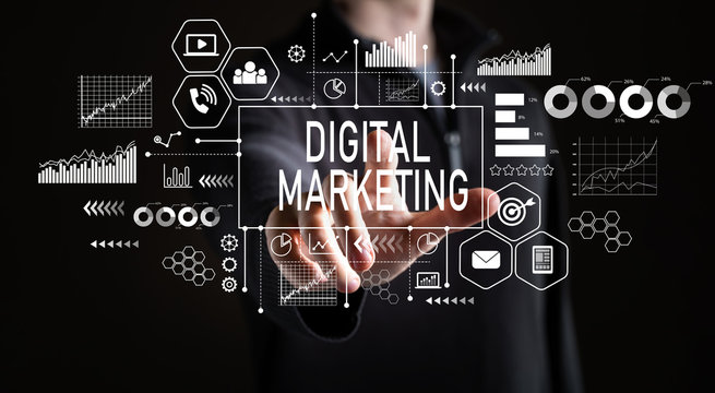 Digital Marketing with businessman on a black background 