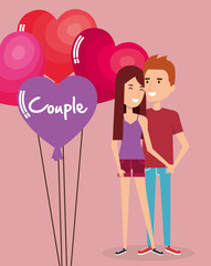 balloons helium with lovers couple avatars characters vector illustration design