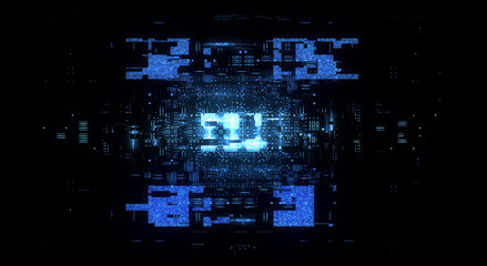 Information CPU engineering..Modern technology. Computer communications. Light effect. Big data center. Hologram. Blockchain..Super system. Smart core. Research and development. Digital signal error