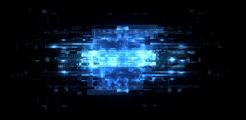 Information CPU engineering..Modern technology. Computer communications. Light effect. Big data center. Hologram. Blockchain..Super system. Smart core. Research and development. Digital signal error