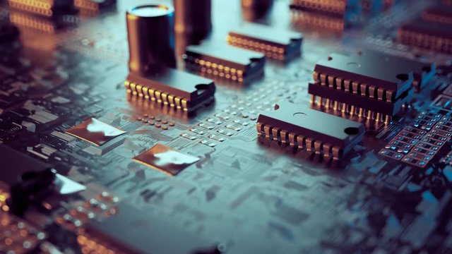 PCB or printed circuit board with microchips and capacitors. Loopable video. 4k