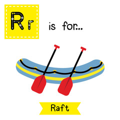 Letter R cute children colorful transportations ABC alphabet tracing flashcard of Raft for kids learning English vocabulary Vector Illustration.