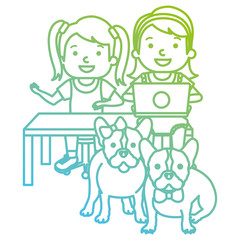 kids with laptop and cute dog vector illustration design