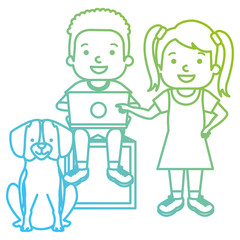 kids with laptop and cute dog vector illustration design