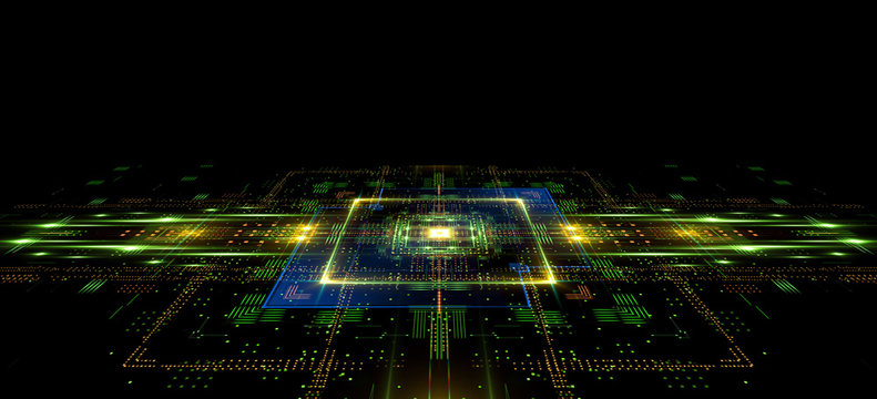 Information CPU engineering..Modern technology. Computer communications. Light effect. Big data center. .Super system. Smart core. Research and development. Virtual reality.