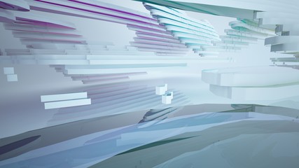 Abstract white and colored gradient glasses interior multilevel public space with window. 3D illustration and rendering.