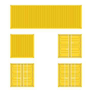 Set Of Different Views Of Yellow Cargo Transport Containers For Logistics Transportation And Shipping On A White Background 