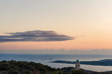 Sunset view of greek city of Argostoli at Kefalonia island in Greece.