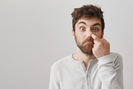 Funny Bearded Guy With Messy Hair And Bad Habits, Staring At Camera With Stupid Face, Picking In Nose With Index Finger And Standing Over Gray Background. Mature Geek Does Not Know About Hygiene