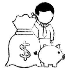 businessman with piggy savings and money sack vector illustration design