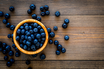 Fresh recently picked blueberries in bowl on dark wooden background top view copy space closeup