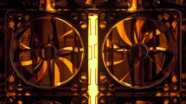 CPU fans array. Endless rows of cooling computer CPU fans. Orange light. 4k