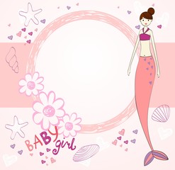 Vector beautiful baby shower card with mermaid.
