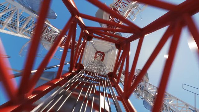 Loopable shot of climbing inside radio mast supporting antennas. Endless tower.