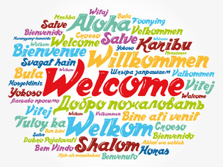 WELCOME word cloud in different languages, conceptual background