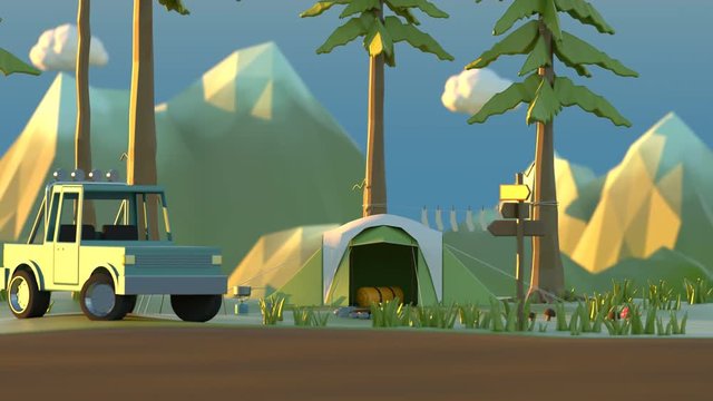 Forest outdoor campsite transformation. Cute, stylized cartoon animation.