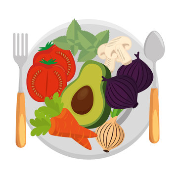 dish and cutlery with fruits and vegetables vector illustration design