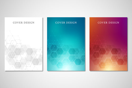 Vector covers or brochure for medicine, science and digital technology. Geometric abstract background with hexagons design. Molecular structure and chemical compounds.