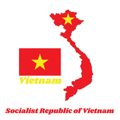 Map outline and flag of Vietnamese in red and yellow star with name text of Vietnam.
