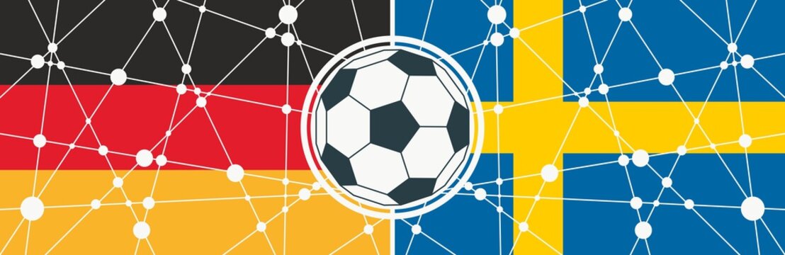 Flags of countries participating to the football tournament. Germany and Sweden national flags. Soccer ball in the center. Connected lines with dots
