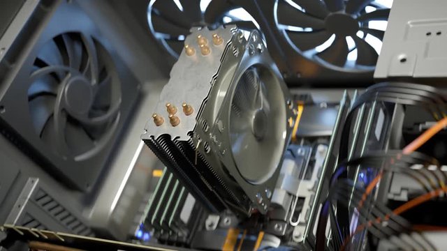 Motherboard (mobo) or mineboard holding CPU, GPU, RAM, SSD and cooling fans.