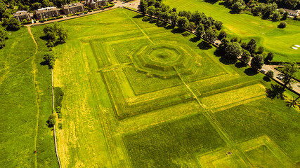 Aerial image of the King’s Knot at the base of the castle rock in Stirling. A series of earthworks which show the outline of an early 17th century formal garden.