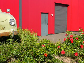 Alter rostiger Kleinwagen Klassiker in Lindgrün im Blumenbeet vor einer roten Lagerhalle bei...