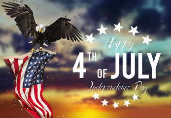 Inscription Happy 4th of July with USA flag. - obrazy, fototapety, plakaty