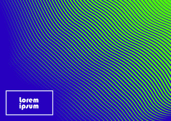 Horizontal abstract background with striped halftone pattern in neon colors. A wavy texture of gradient line ornament. Design template of flyer, banner, cover, poster in A4 size. Vector 