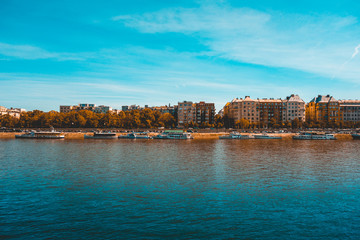 beautiful blue colored danube river at budapest, hungary