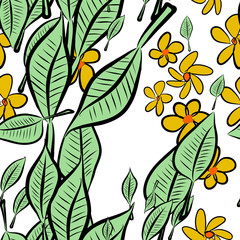 Seamless illustrations of leaves & flower. Drawing, green, design & template.