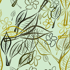 Seamless decorative hand drawn leaves & flower art illustrations. Shape, details, background & digital.