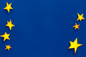 Stars frame. Drawn stars on blue background top view space for text