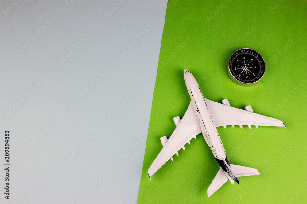 Poster travel concept with plane on color paper background. copy space for text and design
