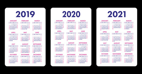 Pocket calendar 2019, 2020, 2021 set. Basic simple template. Week starts on Sunday. Purple and pink color