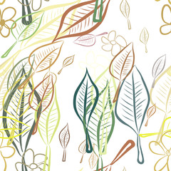 Fototapeta na wymiar Seamless leaves & flower illustrations background abstract, hand drawn. Concept, nature, canvas & repeat.