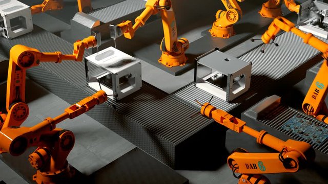 Robotic arms of industrial robots constructing 3d printers on assembly line. 4k