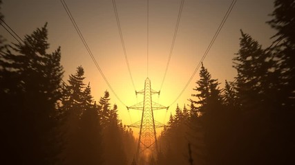 Loopable shot of high voltage electricity pylons during sunset. Orange sky. 4k