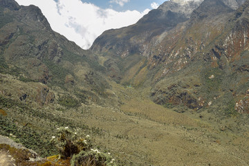 Upper Bujuku Valley with Mount Speke and Bujuku Hut at the background, Rwenori Mountains National...