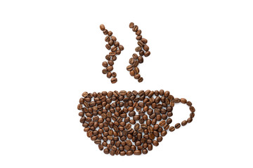 Silhouette of cup with steam made from roasted coffee beans. isolated on white background