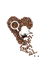 Shape of heart made from roasted coffee beans and espresso cups. isolated on white background
