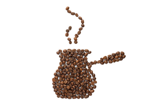 recommend clip art: Silhouette of jezve turk with steam made from roasted coffee beans. isolated on white background